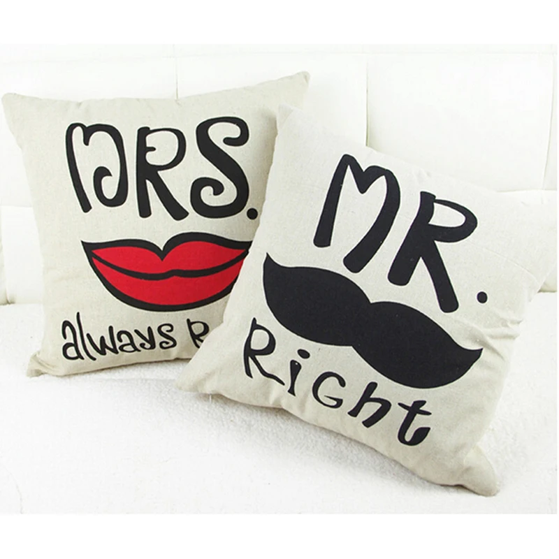 1pc Fashion Mr&Mrs Pillow Case Cotton fabric Decorative Couple Throw