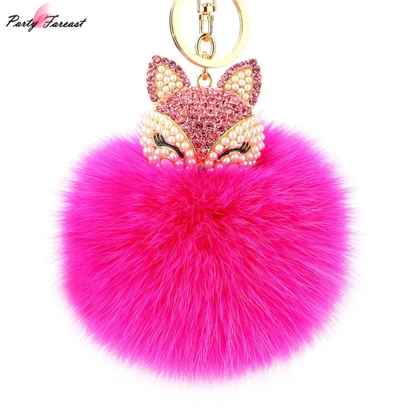 

New Artificial Rabbit Fur Ball Keychain Fox Inlay Rhinestone Car Keychain Women Handbag Key Ring Delicate Gift Kay Holder