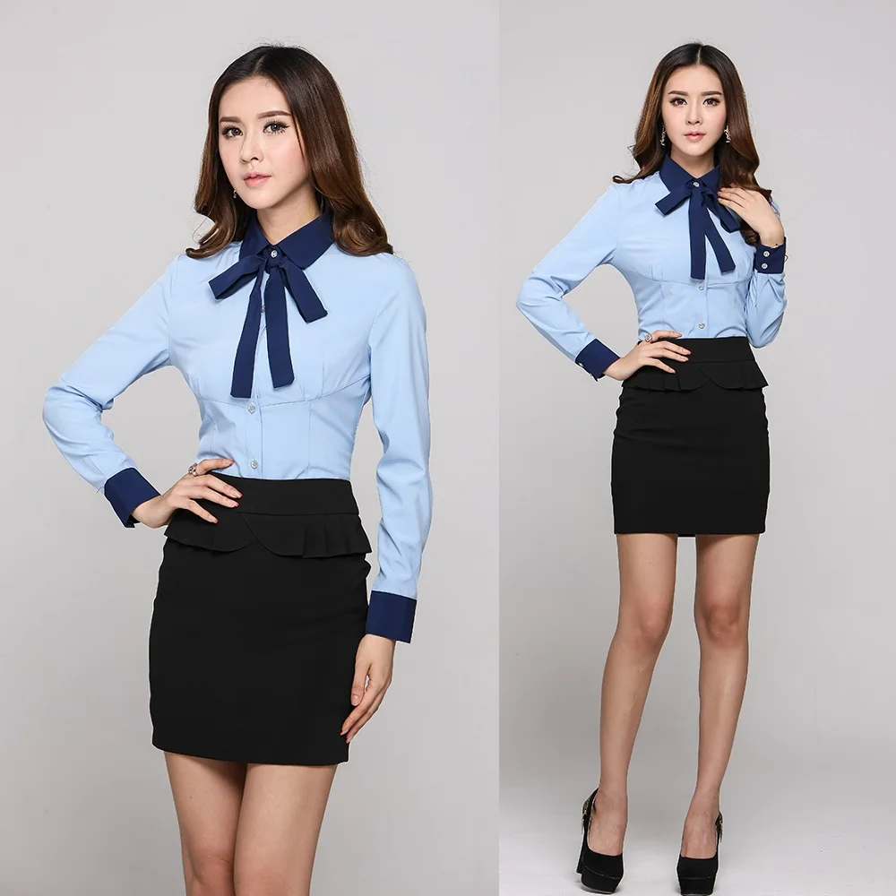 Formal Professional Office Uniform Designs Women Suits With Skirt And Blouse Sets Blue XXXL Plus Size 