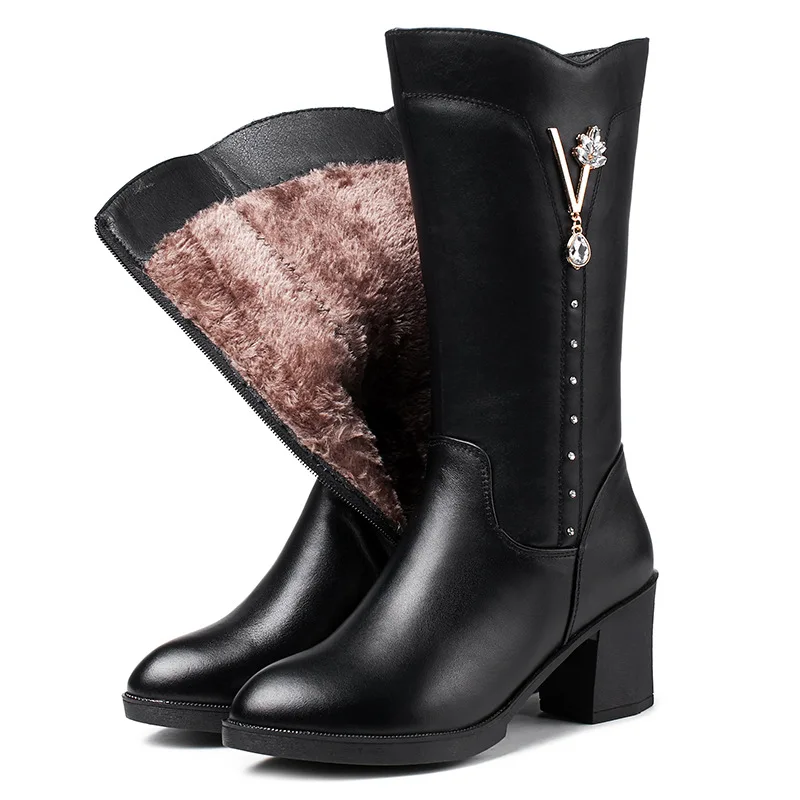2018 Lana Comodidad Imitación Plush black Moda Wool Botas Antideslizante Cuero Una Diamante Black Short Vaca Negro Invierno Nuevo Inside De Zapatos Mujer OqUZOr