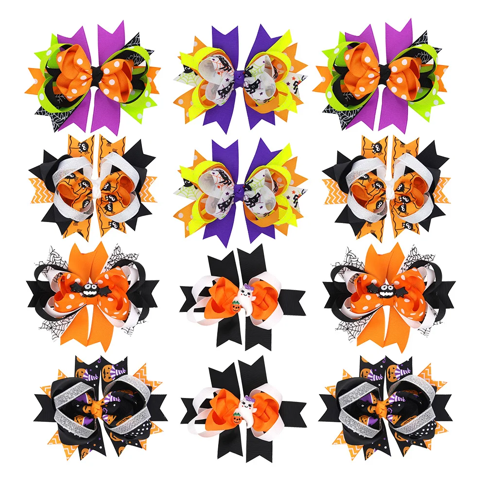

Halloween Hair Bows Lined Hair Clip Spider Pumpkin Witch Bat Ribbon Bow Barrette For Girls Kids Holiday Party Hair Accessories