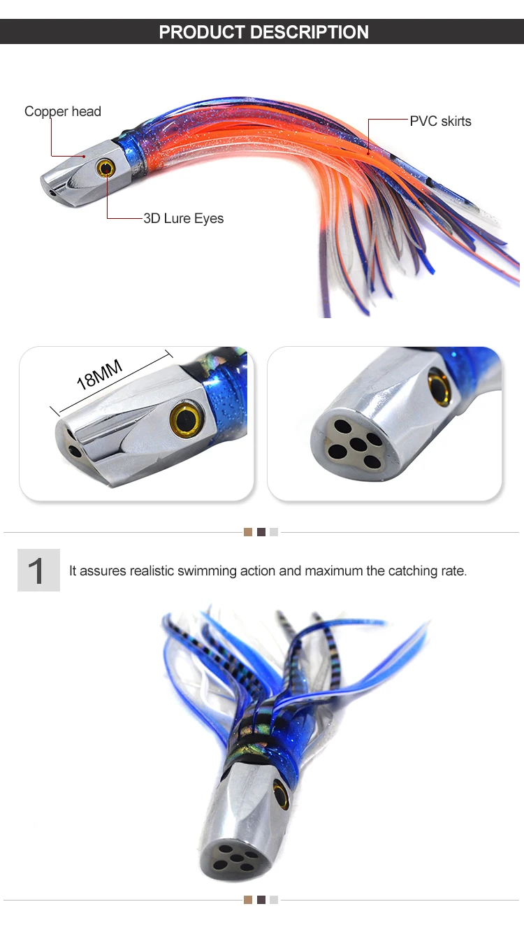 Cabeça de Cobre Polegada Grande Jogo Torneio Saia Trolling Marlin Iscas Pesca 8 88g 3 Iscas artificiais