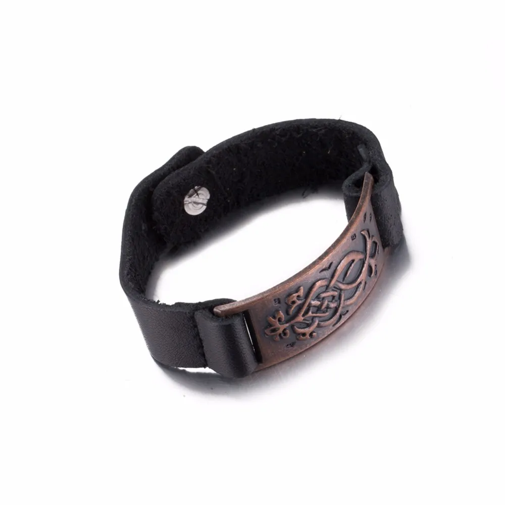 black leather bracelet for women men watch bangle with silver plated sculpture square design charm chain handmade bijouterie HF101 (3)