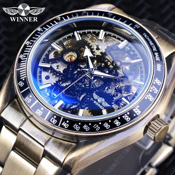 

Winner Retro Bronze Military Design Blue Glass Waterproof Mens Automatic Mechanical Skeleton Watches Top Brand Luxury Male Clock