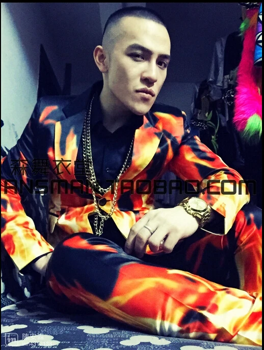 

Hot 2019 New Men's singer nightclub Flame 3D Pattern flames suit dress costumes Nightclubs clothing
