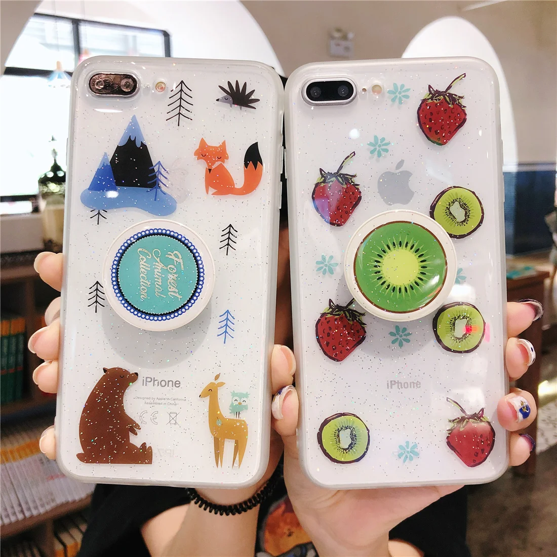 

Stand Fundas for iPhone XS Max XR X Phone Back Cover Silicon Transparent Holder Case for IPhone 8 7 6S 6 Plus Cartoon Fruit Cas