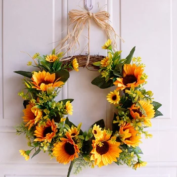 

Artificial Sunflower Wreath Flower Wreath With Yellow Sunflower And Green Leaves For Front Door Indoor Or Outdoor Wall Wedding