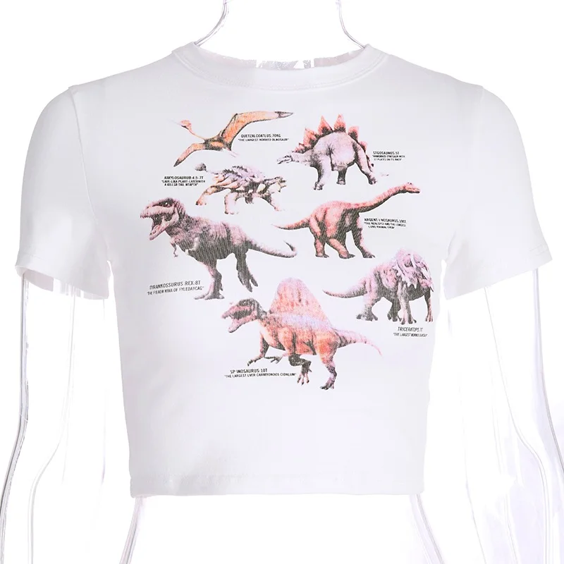 Клубный сексуальный короткий топ с принтом динозавра, женская летняя хлопковая футболка, женские белые топы, футболка, Женская забавная футболка с животными, новинка - Цвет: White