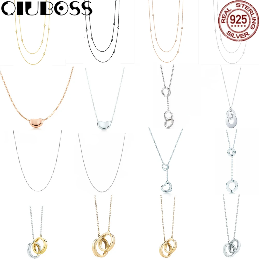

QIUBOSS TIFF 925 Sterling Silver Geometric Double Loop Pendant Necklace Basic Necklace Rose Gold Gold Selection DIY Gift