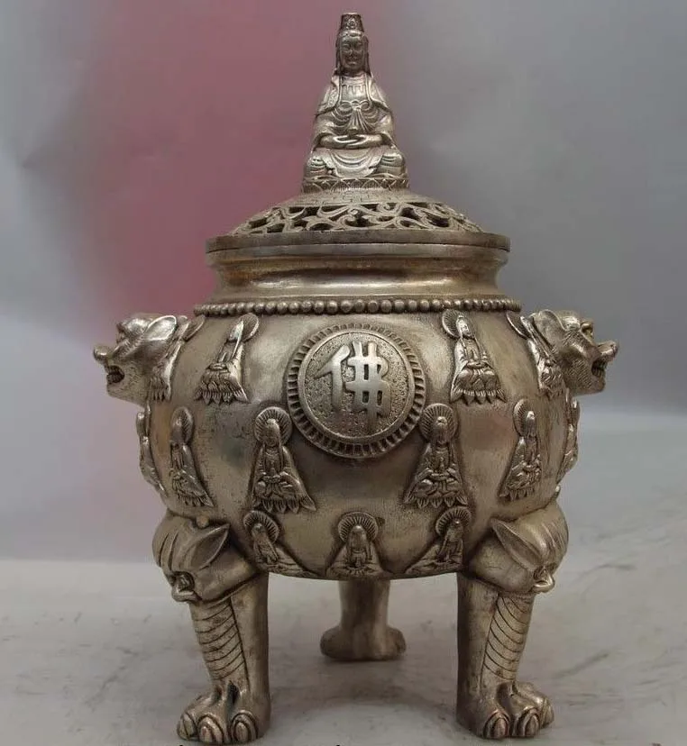 

China Buddhism White Copper Silver Kwan-yin Guanyin Buddha Incense Burner Censer