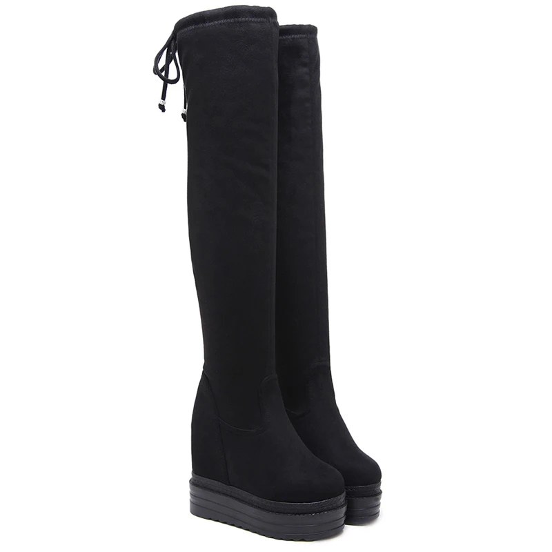 knee high black wedge heel boots