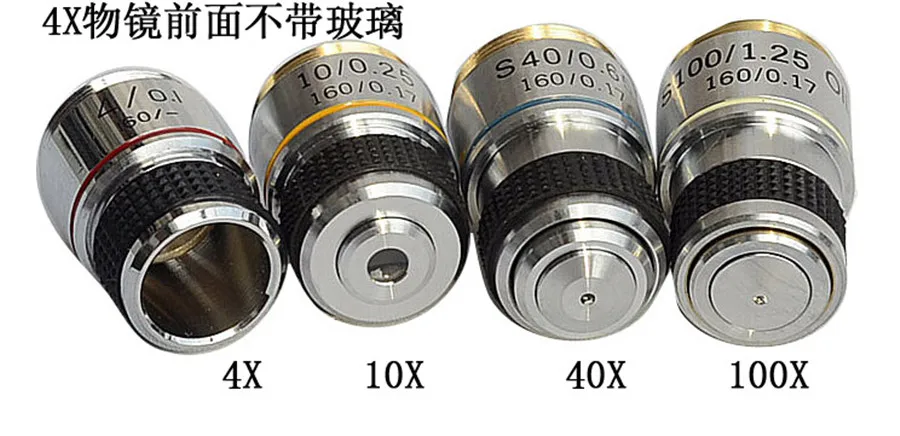 

2019 New 1SET 4X 10X 40X 100X 4PCS Biological Microscope L=185 Achromatic Objective Lens with thread mouning size 20.14mm