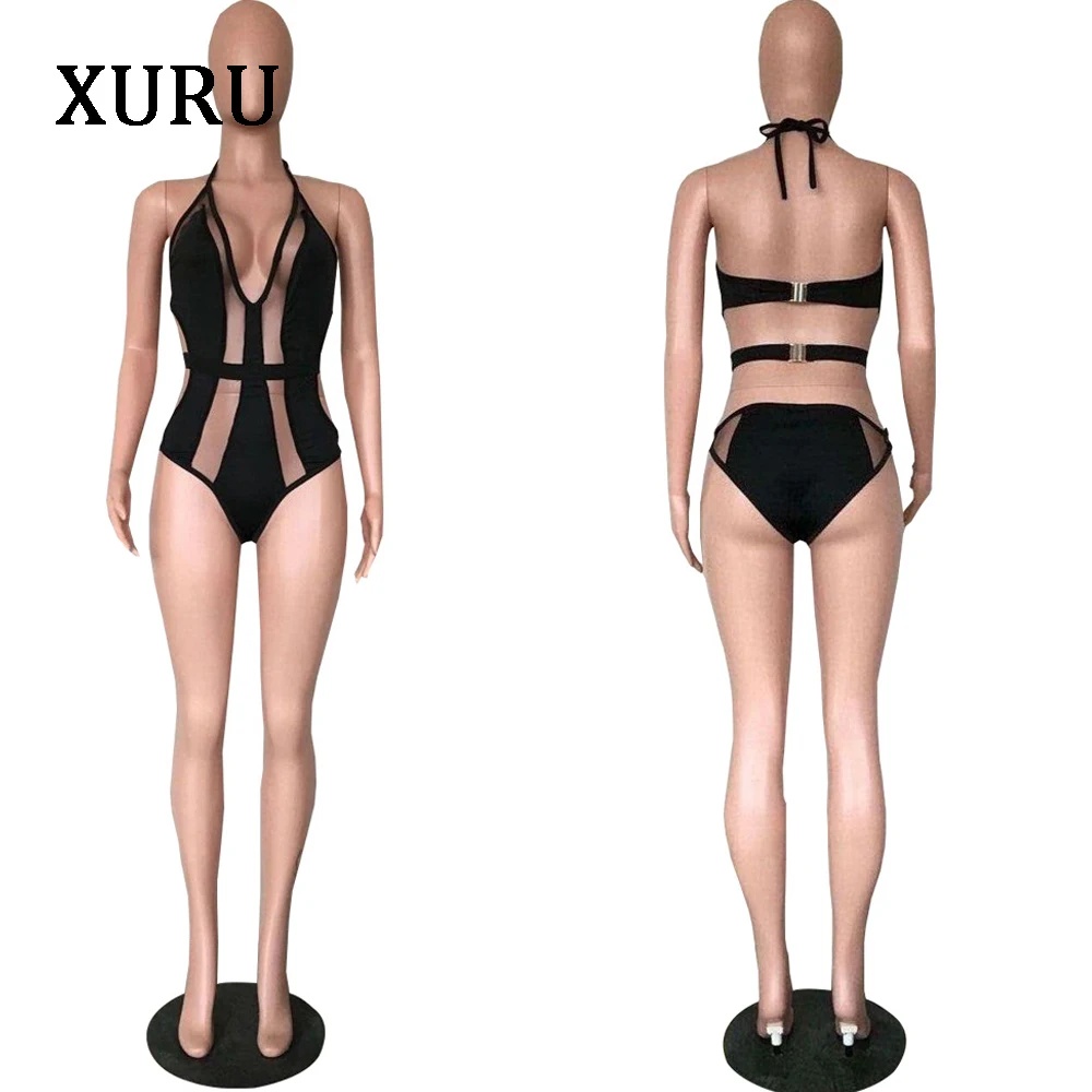 Женские пляжные боди XURU голубые и черные прозрачные сетчатые Комбинезоны на