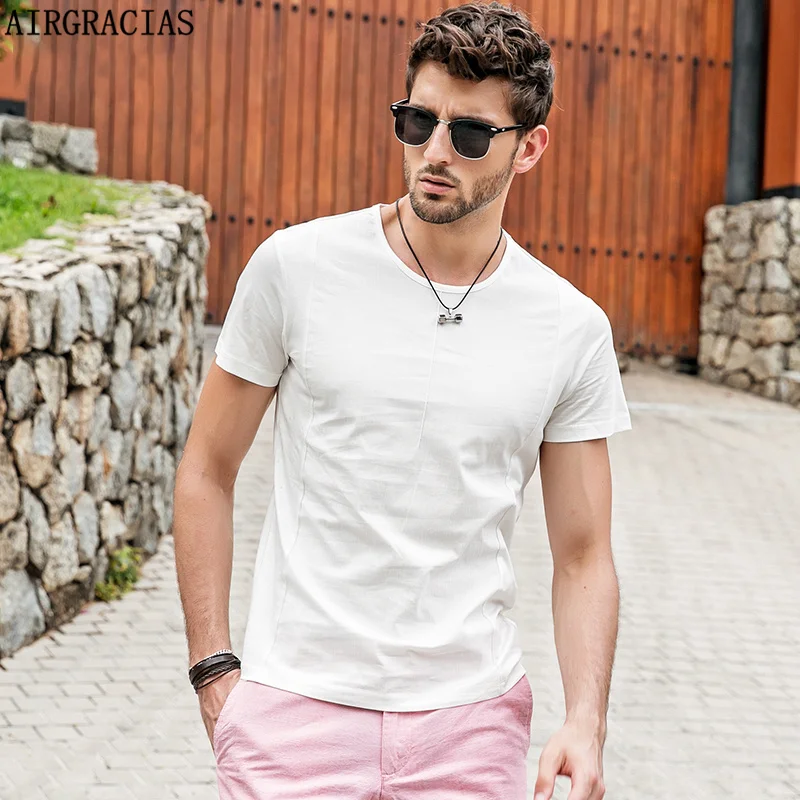 AIRGRACIAS Top Quality Cotton T Shirt Men Casual Short Sleeve Solid