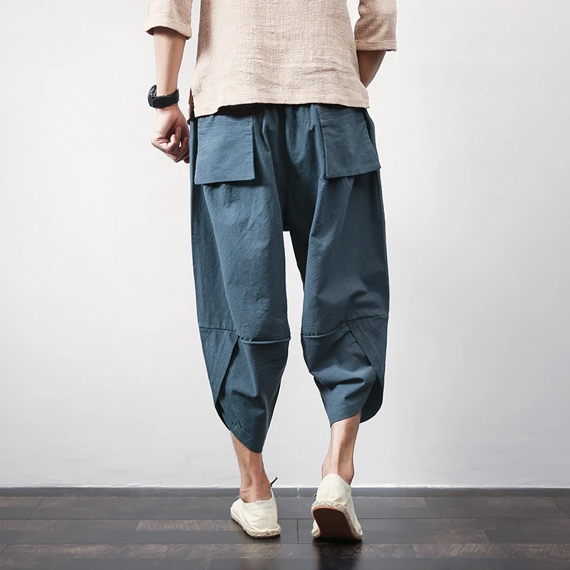 

Linen China wind loose jogging pants beam cotton and linen pants men's wide-bodied harem pants loose summer big section nine poi