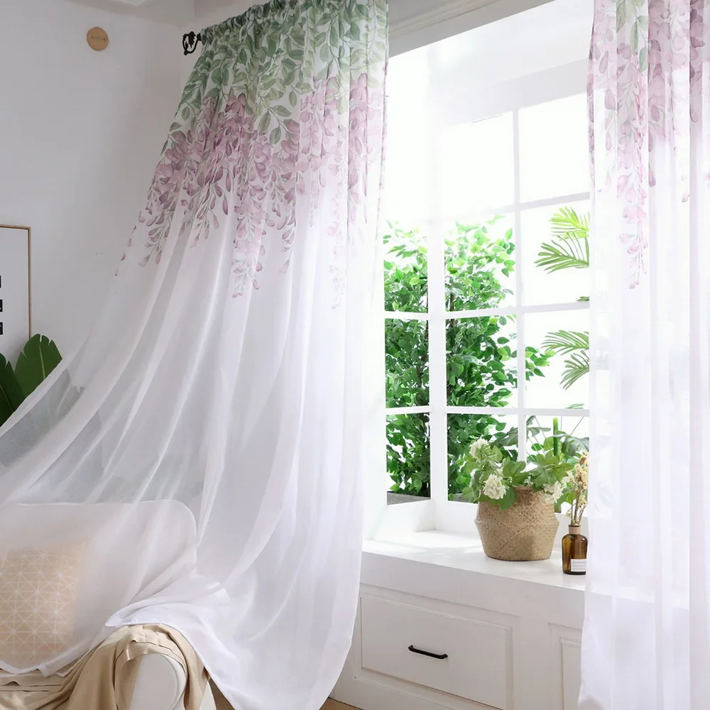 

Urijk Tulle Curtain Printed Modern Wisteria Flower Separated Tulle Living Room Bedroom Kitchen Draped Panel Transparent Home