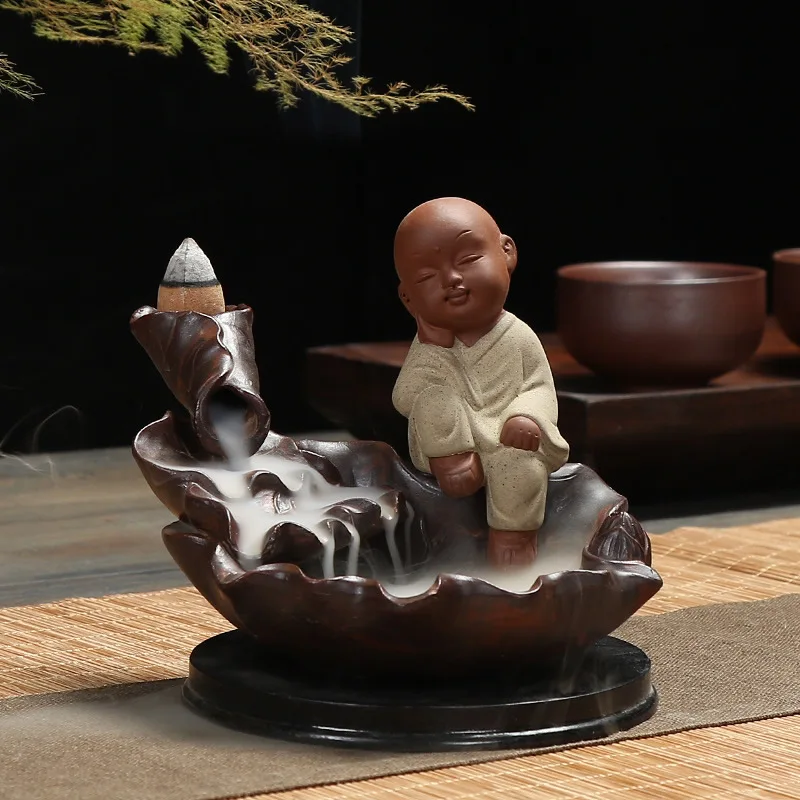 Backflow Incense Burner Purple Sand Buddhist Monk Lotus Ceramic Incense