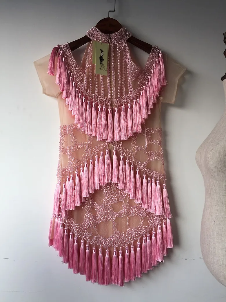 TANG 2019 Summer Sexy Off Shoulder Women Mesh Dress Pink Hollow Out Mini Dress Runway Fringe Bodycon Party Dress (6)