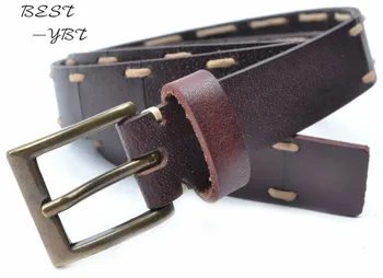 

Special design fashion cool vintage style stitched skinny leather genuine belt factory handmade high quality belt