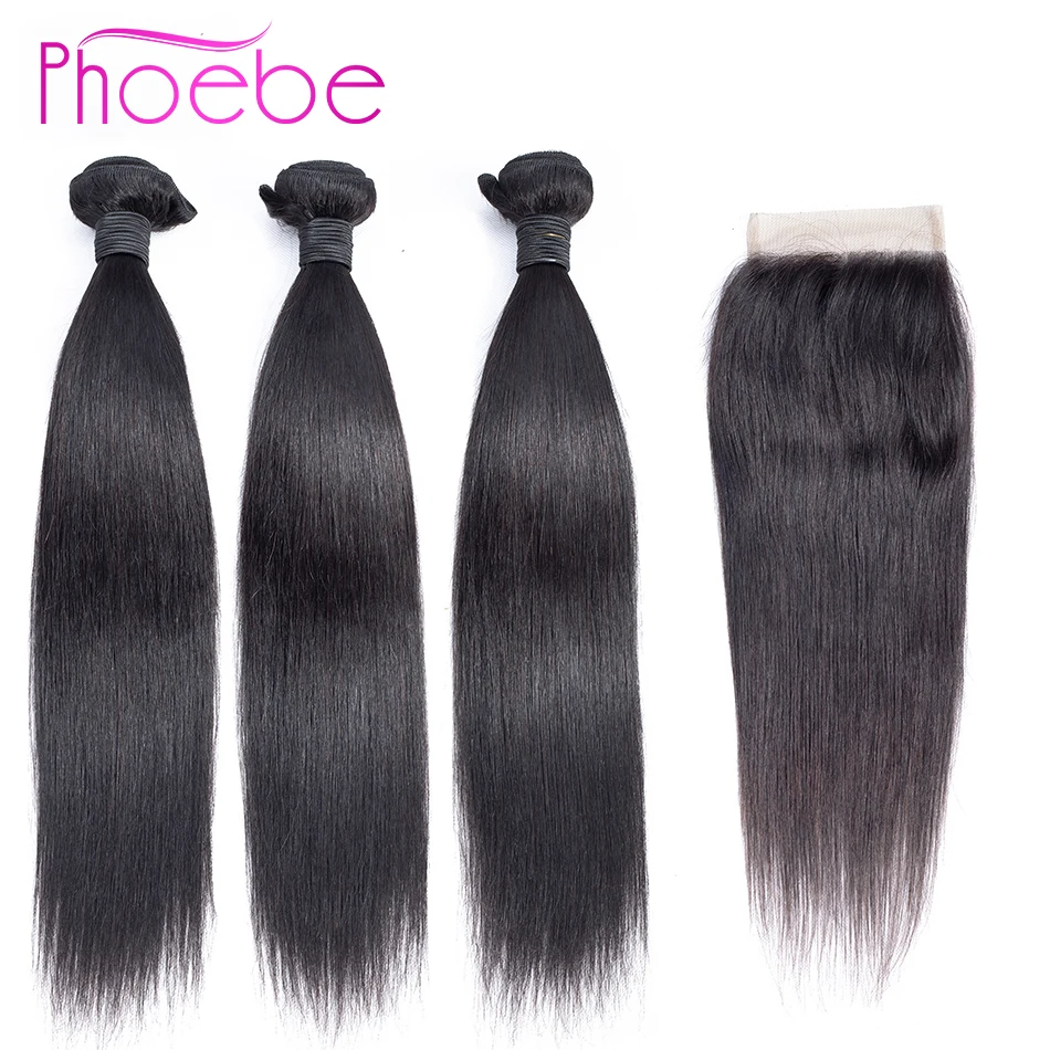 

Phoebe Peruvian Straight Human Hair Bundles With Lace Closure Natural Color Remy Hair 3 Bundles With Closure Hair Extensions