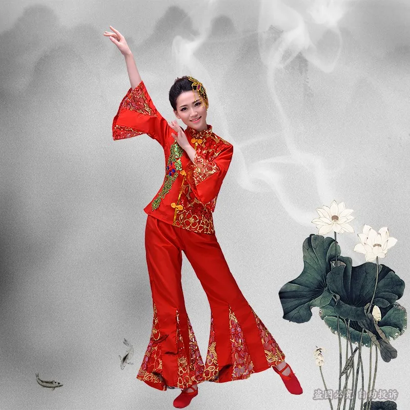 New autumn red old fan dance Chinese folk dance yangko dance clothing female stage costumes classical traditional dance