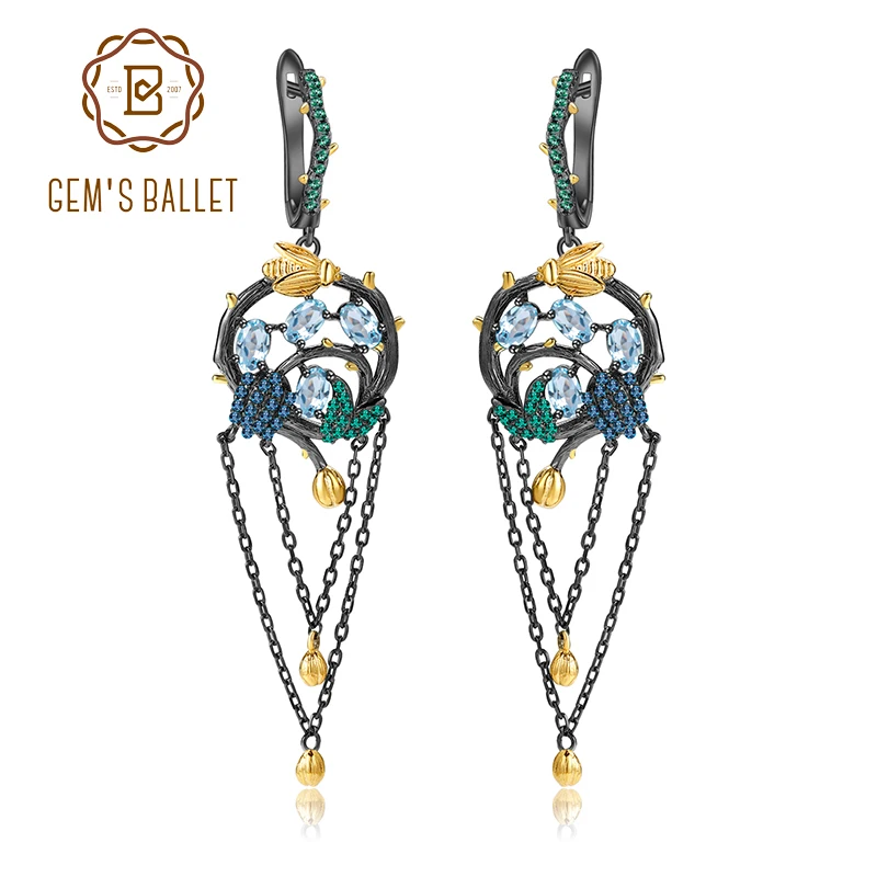 

GEM'S BALLET 925 Sterling Silver Handmade Gold Bee on Branch Drop Earrings Natural Swiss Blue Topaz Tassel Earrings for Women