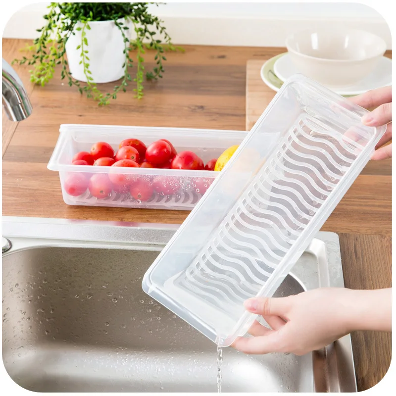 

Plastic Food Storage Box Sealed Crisper Can Preservation Box Kitchen Fruit Tableware Drain Drying Box Refrigerator Organizer