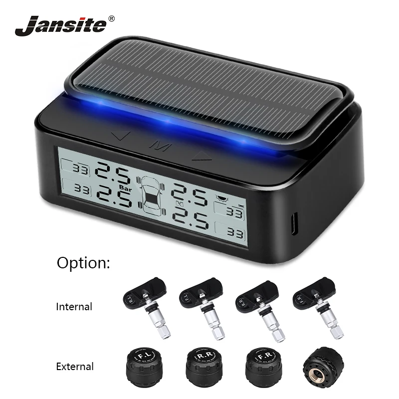 

Jansite Solar TPMS Car Tire Pressure Alarm Monitor System Ambient Light Display Real-time monitoring Warning with Four sensors