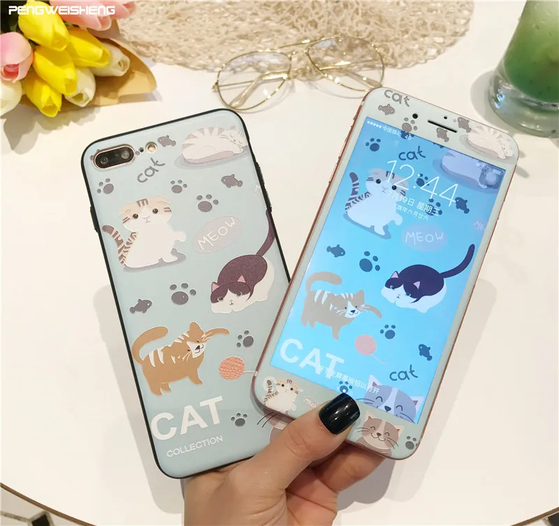 Милый кот с Очки узор чехол для iPhone 6 S 7 Plus модой спереди Закаленное стекло