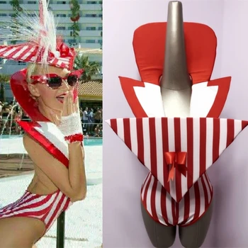 

Red White Striped Low-breast Bodysuit Female Models Catwalk Party Show Sexy Costume Bar Nightclub Jazz Dance Team Stage Clothing