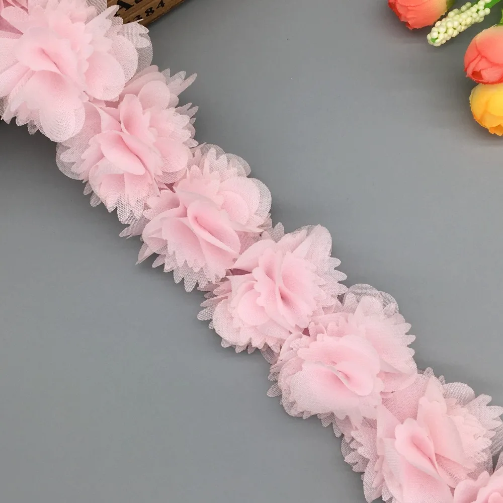 1 ярд розовый шифон 3D Цветы кружевная отделка ручной работы отделка невесты свадебное платье детская одежда аппликация шитье ремесла украшения