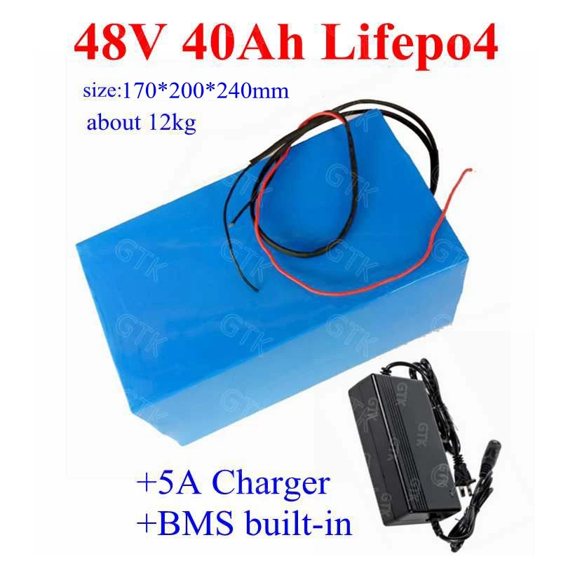 Перезаряжаемый 48 В 40Ah lifepo4 аккумулятор со встроенным BMS для электрического велосипеда, велосипеда, электроинструментов, скутера, трициклов+ 5A зарядное устройство