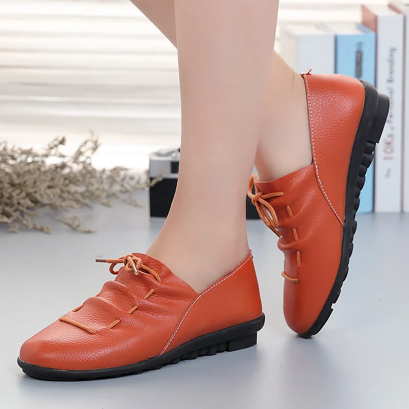 

Dropshipping Women Shoes 2018 New Arrival Spring Lace-up Leather Flats Pleated Genuine Shoes Woman Rubber Party Female Shoes