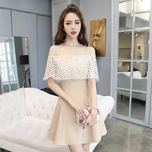 EAD Off Shoulder Hollow Out Lace Sexy Dresses Slash Neck Summer Women Elegant Dress Strapless Khaki Bodycon Party Mini Robe khaki hollow design off shoulder bodycon party dress