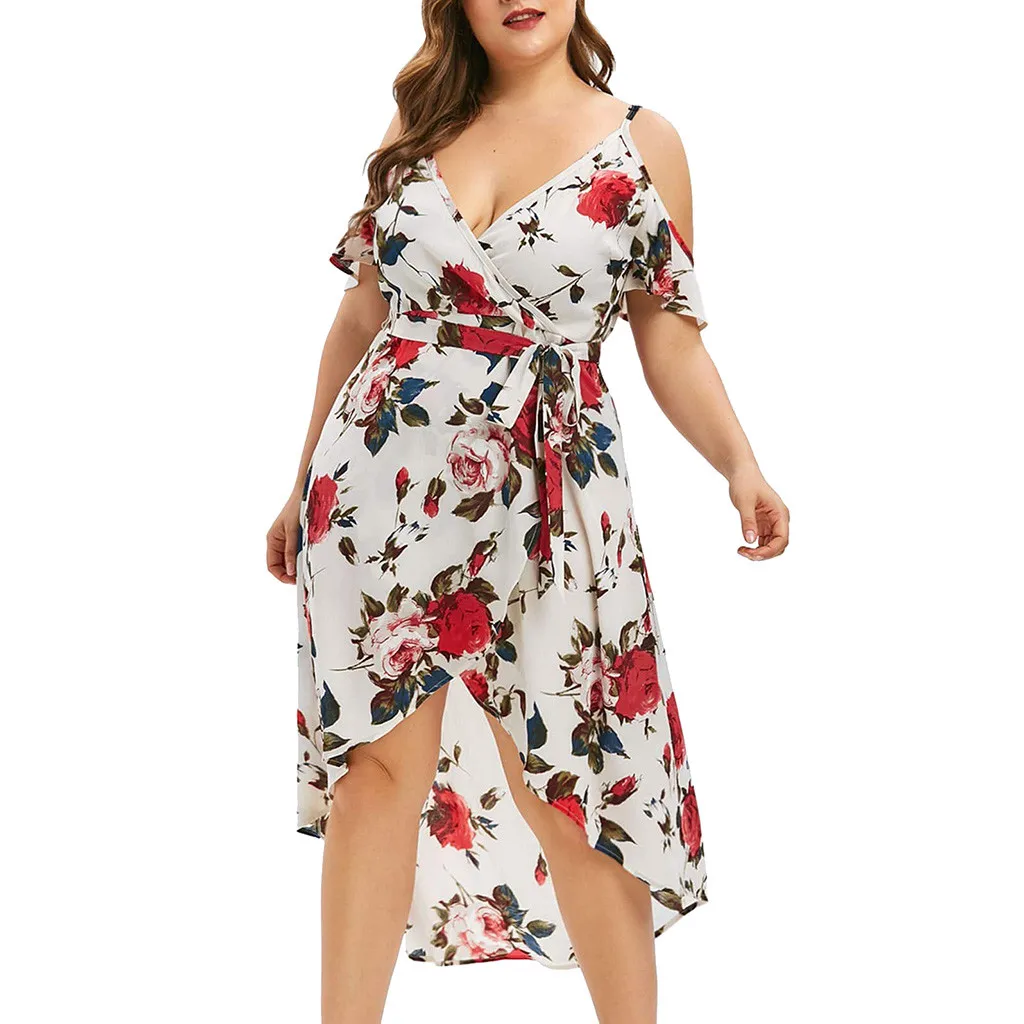 

Fashion Dress Women V-Neck Plus Size Floral Printed Cold Shoulder Camis High Low Dress Vestidos Robe Femme e711
