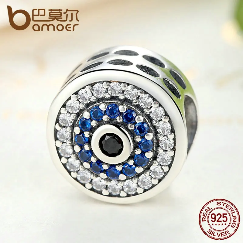 BAMOER настоящие 925 пробы серебряные синие кристаллы глаза круглые бусины Подвески подходят для женщин браслеты и браслеты ювелирные изделия SCC092