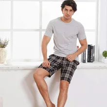 Мужские пижамы, летняя хлопковая футболка с коротким рукавом, клетчатые шорты, Мужская пижама с круглым вырезом, мужская пижама, большой размер, пижама, одежда для сна