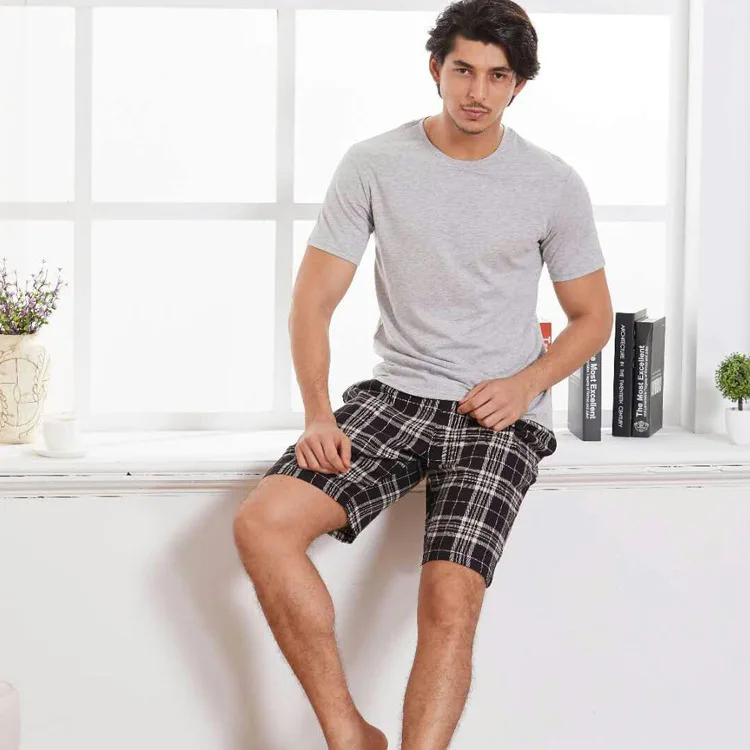 

Mens Pajamas Summer Cotton Short Sleeve T-shirt Plaid Shorts Men Sleepwear O-Neck Pyjama Men Pijamas Big Size Pyjama Nightwear