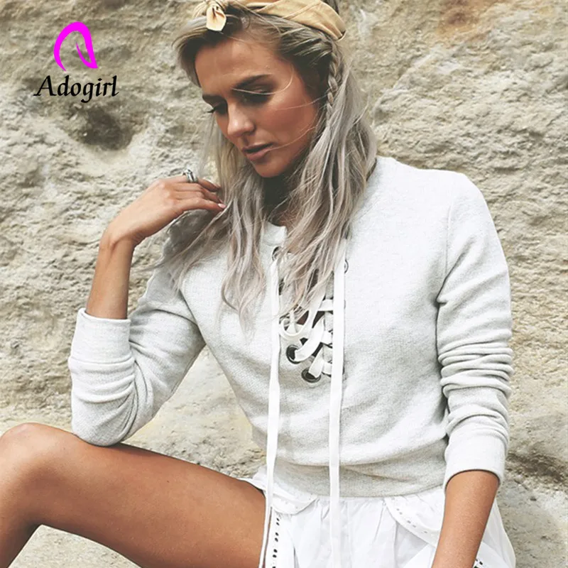 Adogirl с длинным рукавом со шнуровкой Толстовка Для женщин топы спереди