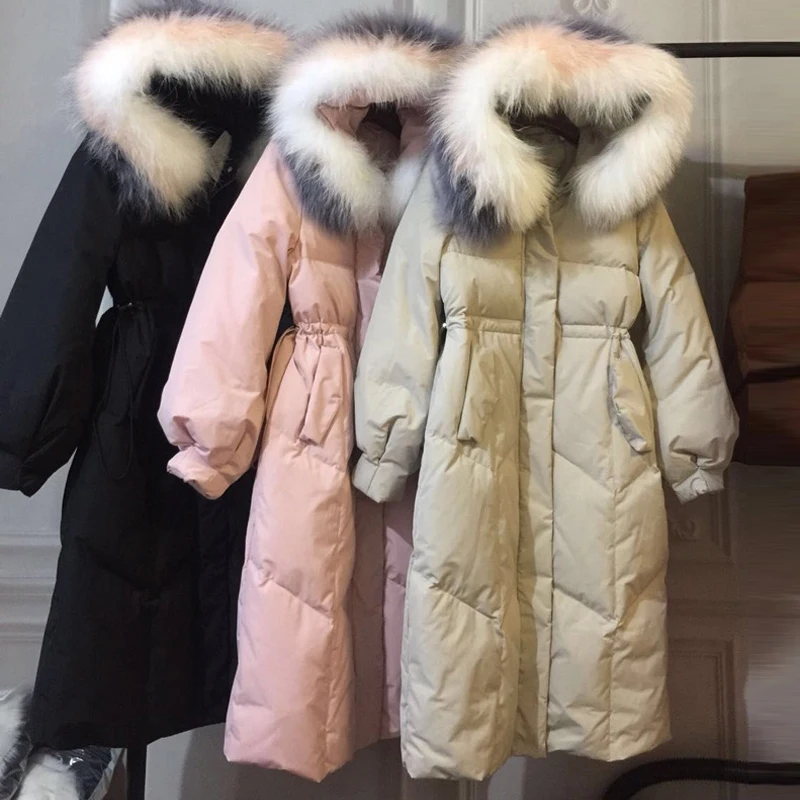 Korean 2018 New Winter Women's Down Jacket Casual Long Pink Thick Warm Hooded with fur Collar White Duck Down Coat Women AO591