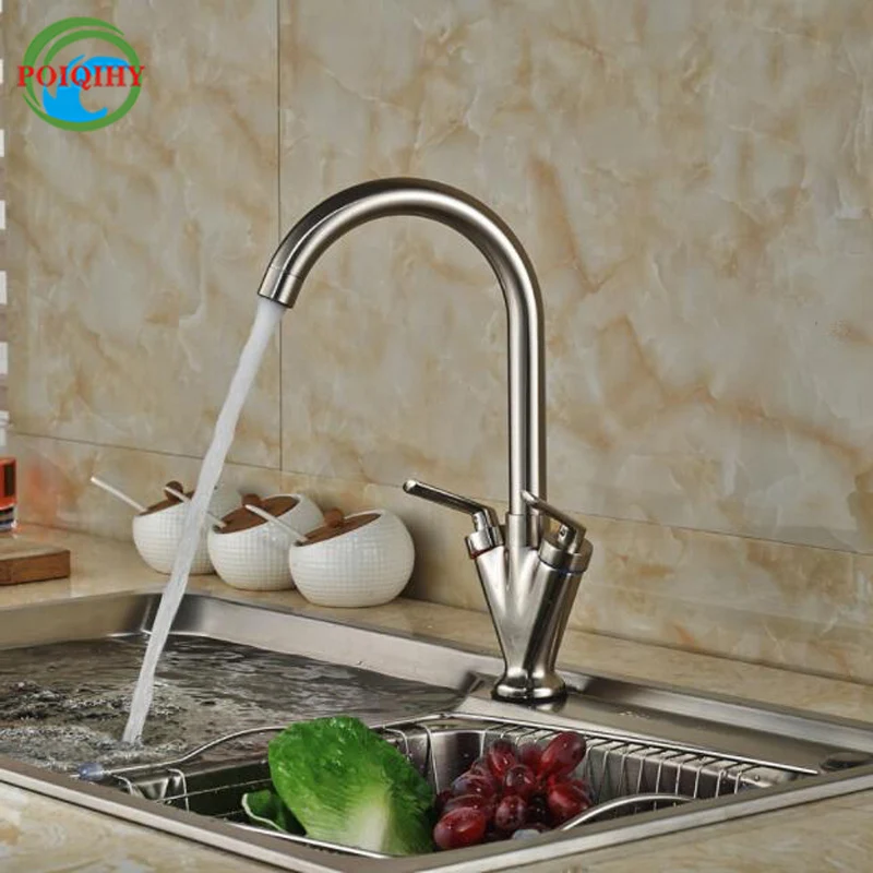 

Dual Handle Rotation Kitchen Mixer Taps Deck Mount One Hole Brushed Nickel Hot Cold Water Faucet Deck Mount