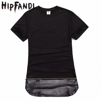 

HIPFANDI Mens T shirts Fashion 2017 Summer T shirt Men leather patchwork T-shirt side zipper design Hip Hop swag Clothes