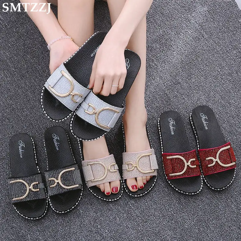 

2019 Women Flat Outdoor Beach Slippers Female Bling Slides Slipper Summer Bathroom Platform Shoes Girl Woman Leisure Flip Flop
