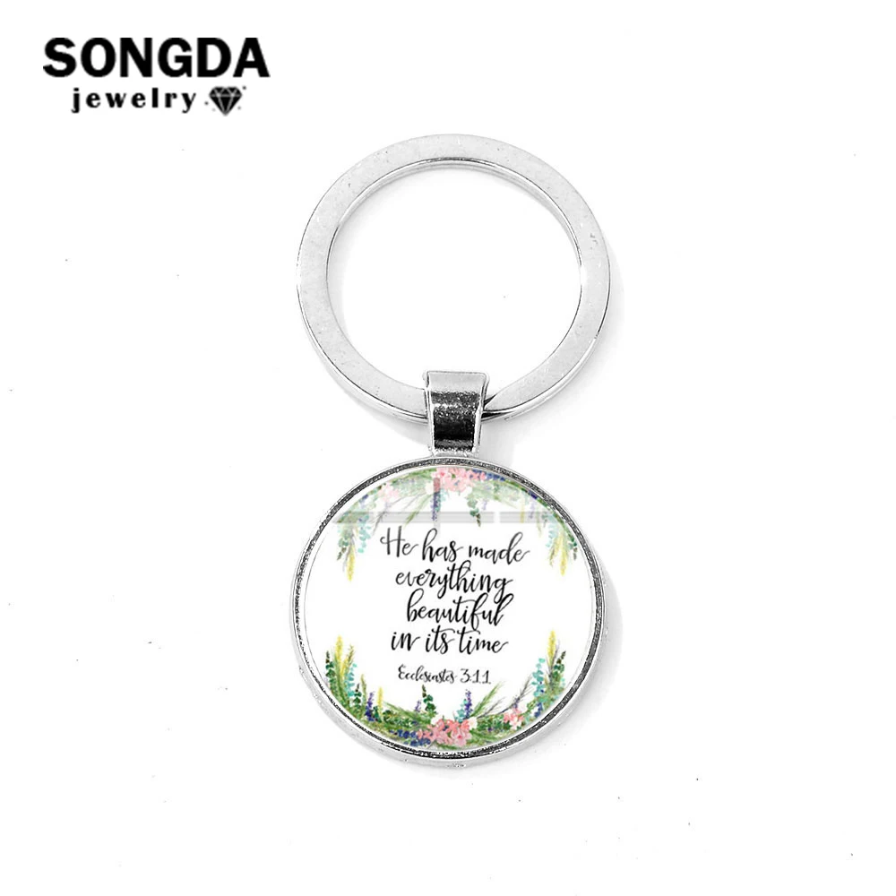 

SONGDA Bible Verse Psalm Keychain Handmade Art Glass Cabochon Inspirational Scripture Quote Key Chain Christian Party Favor Gift