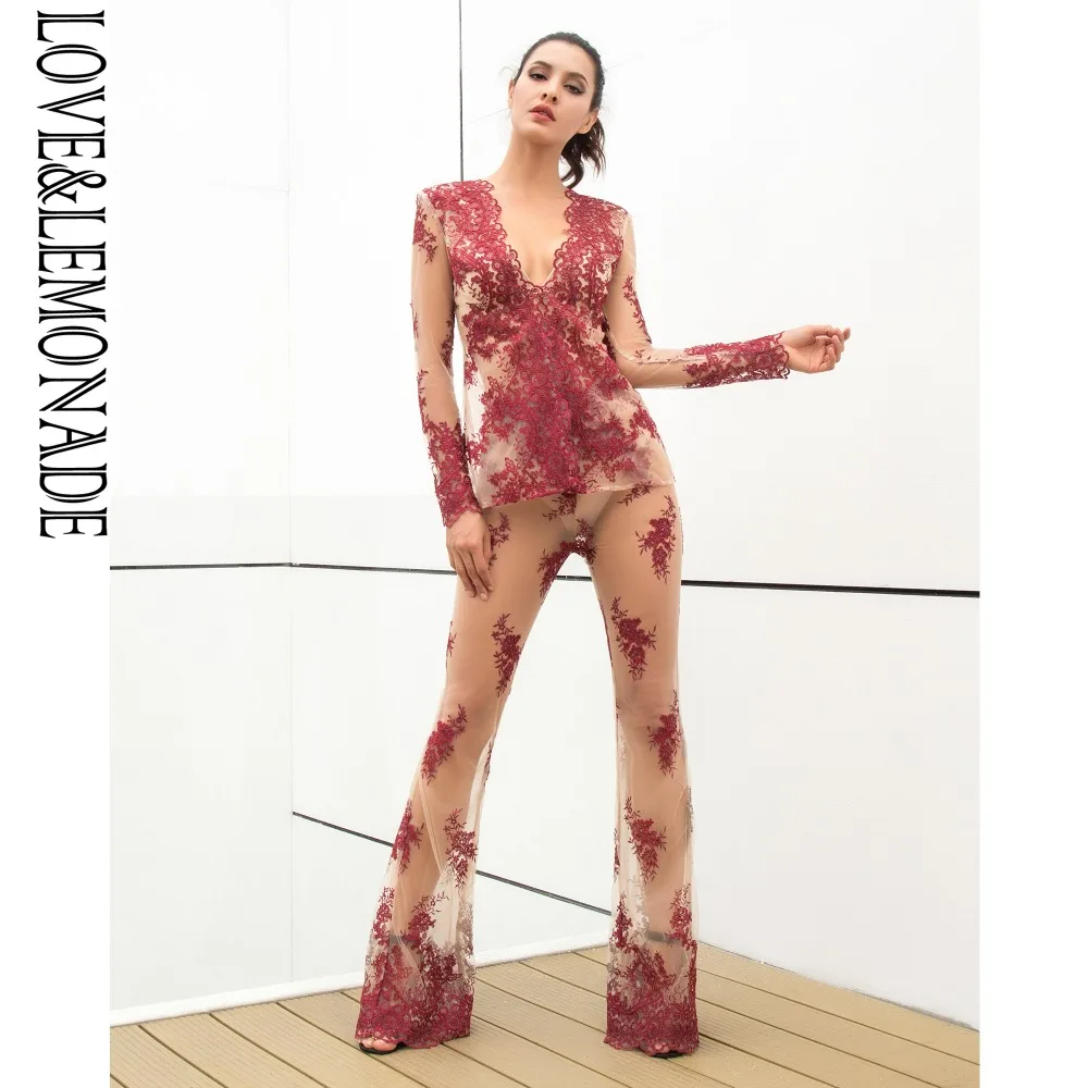 

Love&Lemonade Sexy Red Lace Full Transparent Two-Pieces V-Neck Mesh Sets LM80981RED