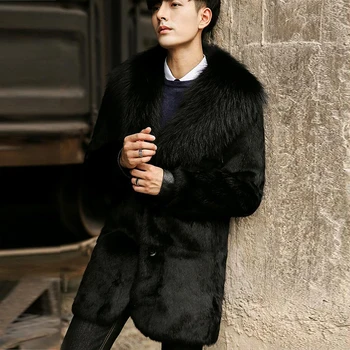 

FURSARCAR 2019 Fashion Natural Rex Rabbit Fur Jacket With Fox Fur Collar For Men 80cm Long Winter Fur Coat Thick Warm Coats