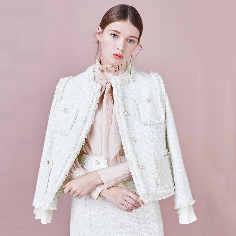Elegant Weave White Tweed Jacket Coat Women Pearls Button Tassel