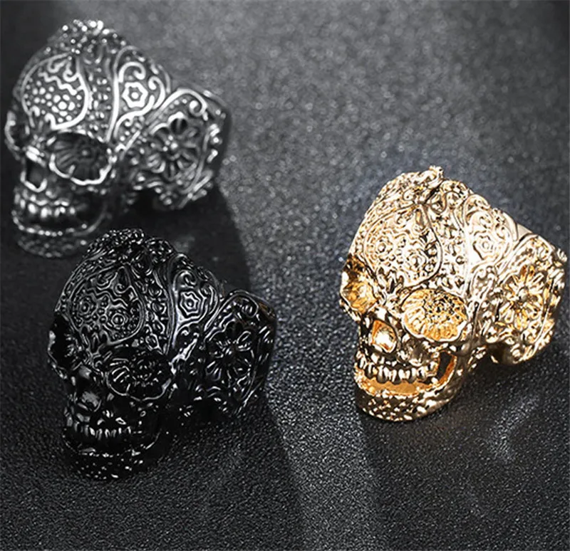 Винтажный череп для мужчин в стиле панк, цветок черепа, кольцо байкера, модный скелет, ювелирное изделие, черный/золотой цвет, байкерское кольцо, мужской череп, ювелирное изделие