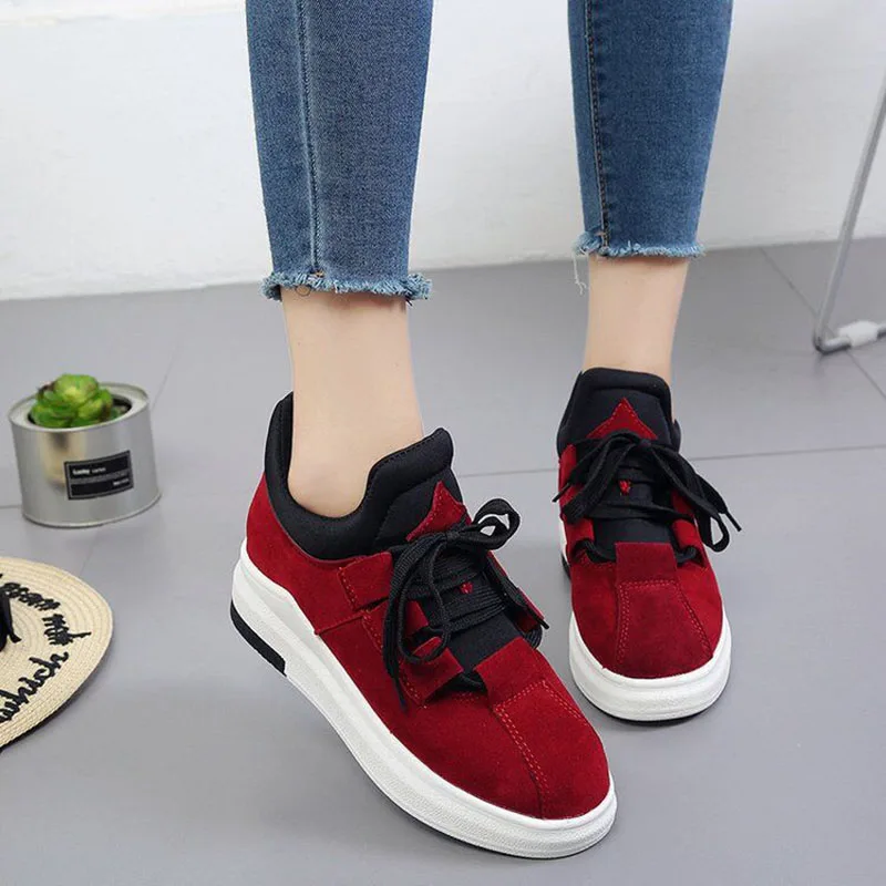 

Women Sneakers 2018 Autumn New Vulcanized Shoes Ladies Red Lace up Suede Increase Casual Shoes Breathable Walking Flats women