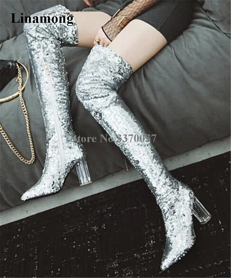 Newest Women Pointed Toe Bling Bling Sequined Over Knee Clear Transparent Chunky Heel Boots Blue Silver Long Crystal Heel Boots цена Newest Women Pointed Toe Bling Bling Sequined Over Knee Clear Transparent Chunky Heel Boots Blue Silver Long Crystal Heel Boots цены онлайн